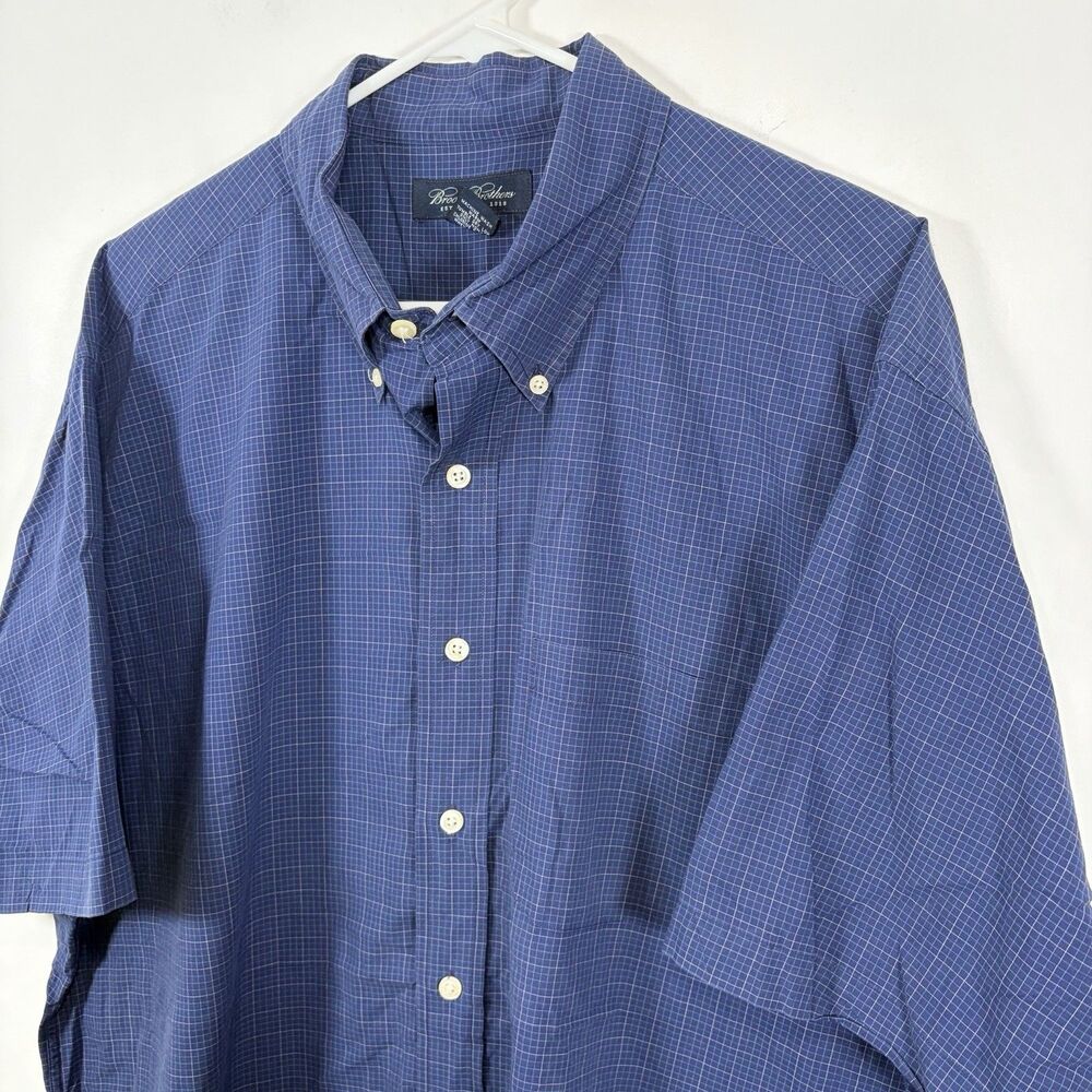 Brooks Brothers Short Sleeve Button Down Shirt Mens Size XL Navy Blue Checks